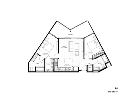 Floor plan for 2 beds, 2 baths, 953 sqft